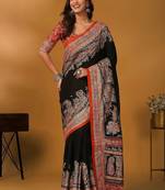Black ethnic motifs printed saree with matching blouse