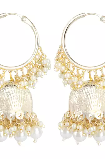 Gold plated white beads studded jhumki earringss ethnic jewelry