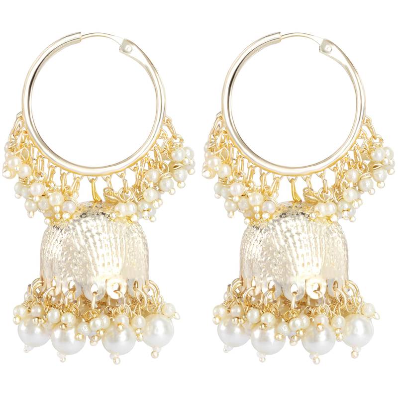 Gold plated white beads studded jhumki earringss ethnic jewelry