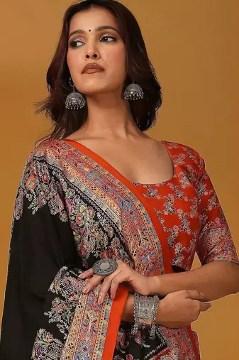 Black ethnic motifs printed saree with matching blouse
