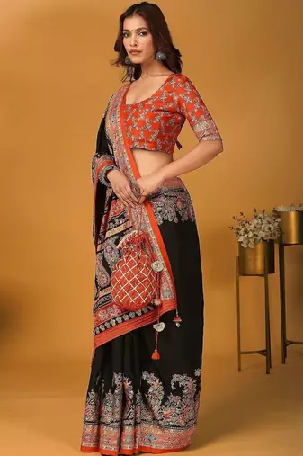 Black ethnic motifs printed saree with matching blouse