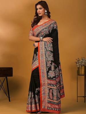 Black ethnic motifs printed saree with matching blouse 4