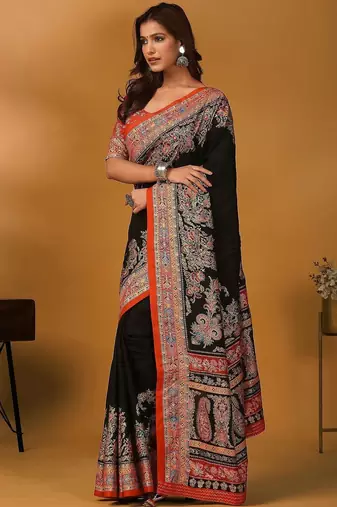 Black ethnic motifs printed saree with matching blouse