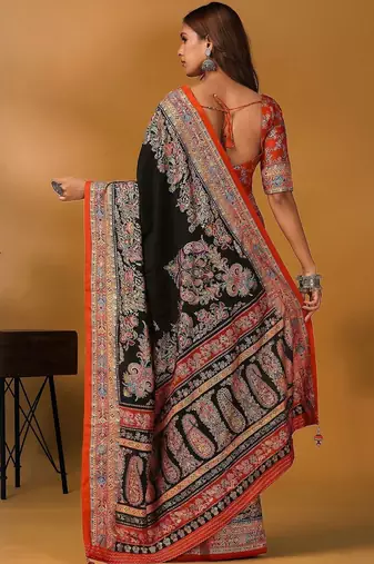 Black ethnic motifs printed saree with matching blouse