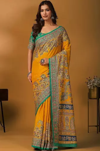 Yellow floral printed banarasi saree with matching blouse