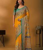 Yellow floral printed banarasi saree with matching blouse