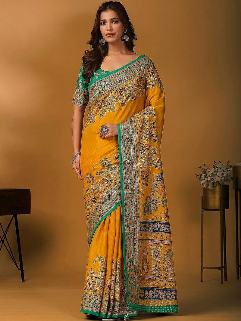 Yellow floral printed banarasi saree with matching blouse