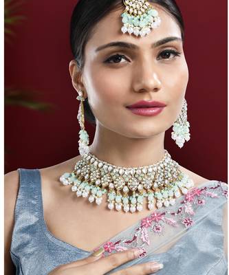 Silver plated kundan & mint beads studded choker necklace dangle 1