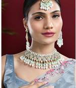 Silver plated kundan & mint beads studded choker necklace dangle