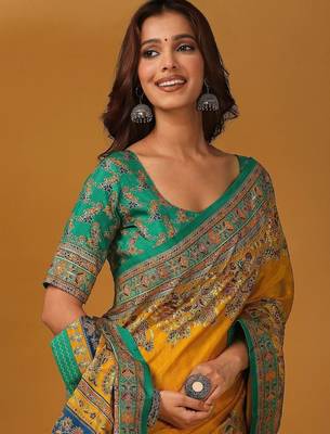 Yellow floral printed banarasi saree with matching blouse 2