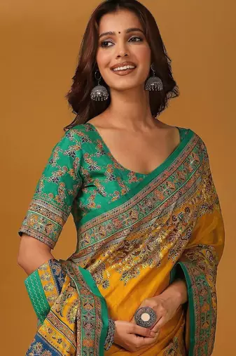 Yellow floral printed banarasi saree with matching blouse