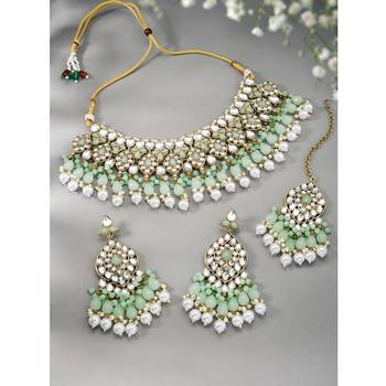 Silver plated kundan & mint beads studded choker necklace dangle 2