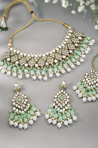 Silver plated kundan & mint beads studded choker necklace dangle