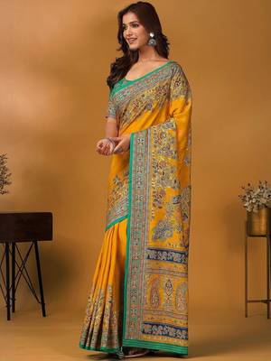 Yellow floral printed banarasi saree with matching blouse 3