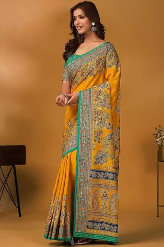 Yellow floral printed banarasi saree with matching blouse
