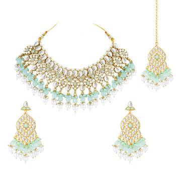 Silver plated kundan & mint beads studded choker necklace dangle 3
