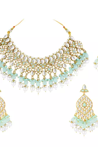 Silver plated kundan & mint beads studded choker necklace dangle