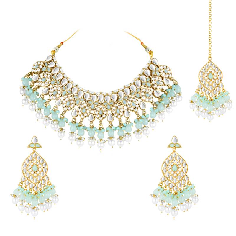 Silver plated kundan & mint beads studded choker necklace dangle