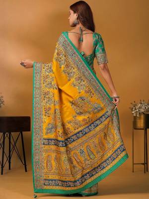 Yellow floral printed banarasi saree with matching blouse 4