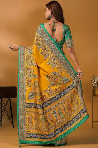 Yellow floral printed banarasi saree with matching blouse