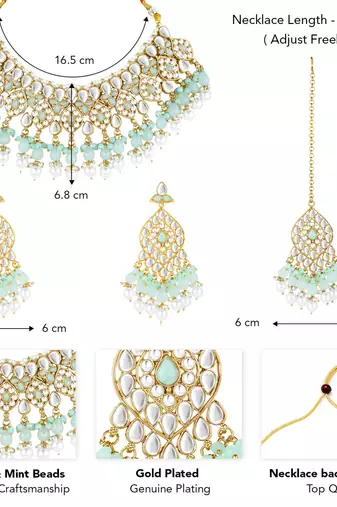 Silver plated kundan & mint beads studded choker necklace dangle