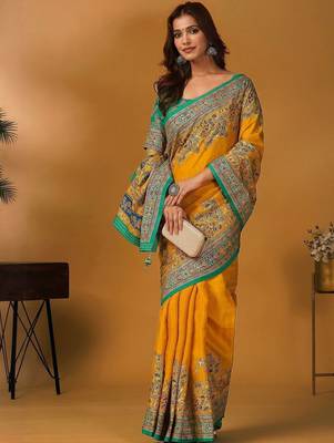 Yellow floral printed banarasi saree with matching blouse 5