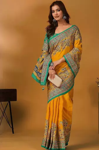 Yellow floral printed banarasi saree with matching blouse