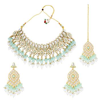 Silver plated kundan & mint beads studded choker necklace dangle 5