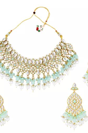 Silver plated kundan & mint beads studded choker necklace dangle