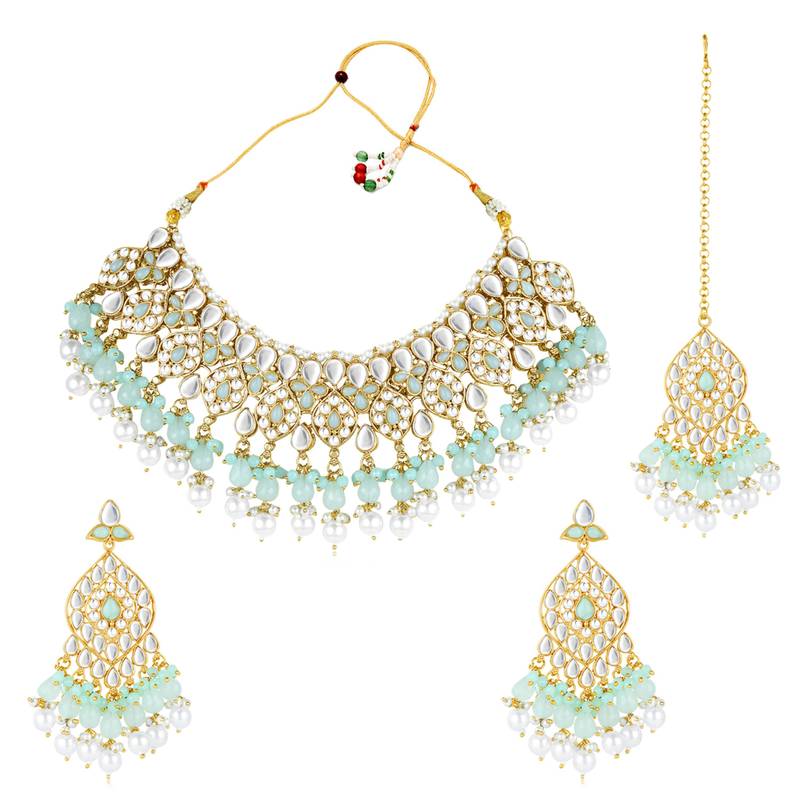 Silver plated kundan & mint beads studded choker necklace dangle