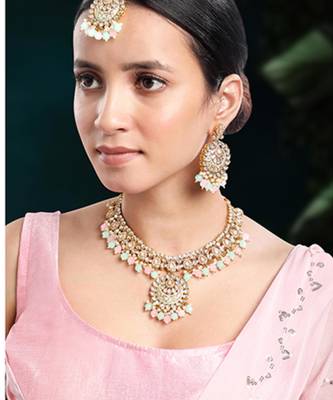 Gold plated mint & pink kundan & beads studded necklace earrings 1