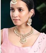 Gold plated mint & pink kundan & beads studded necklace earrings