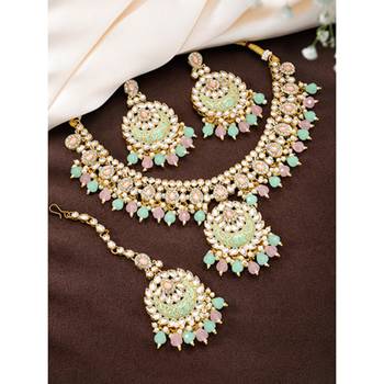 Gold plated mint & pink kundan & beads studded necklace earrings 2