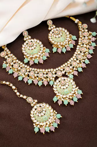 Gold plated mint & pink kundan & beads studded necklace earrings