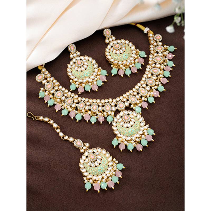 Gold plated mint & pink kundan & beads studded necklace earrings