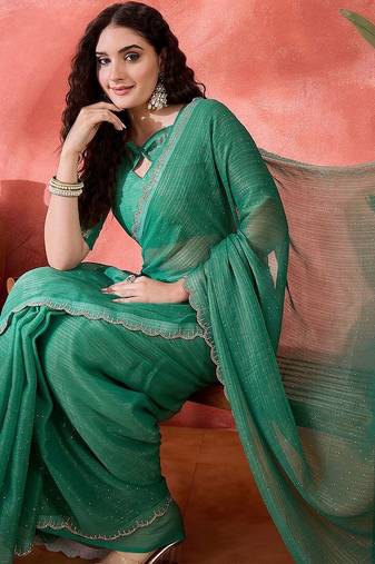 Sea green embellished banarasi saree with blouse piece