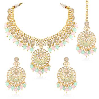 Gold plated mint & pink kundan & beads studded necklace earrings 3