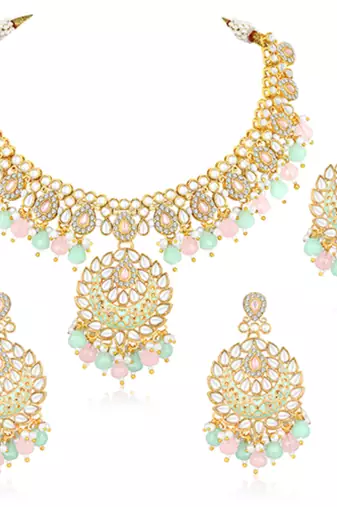Gold plated mint & pink kundan & beads studded necklace earrings
