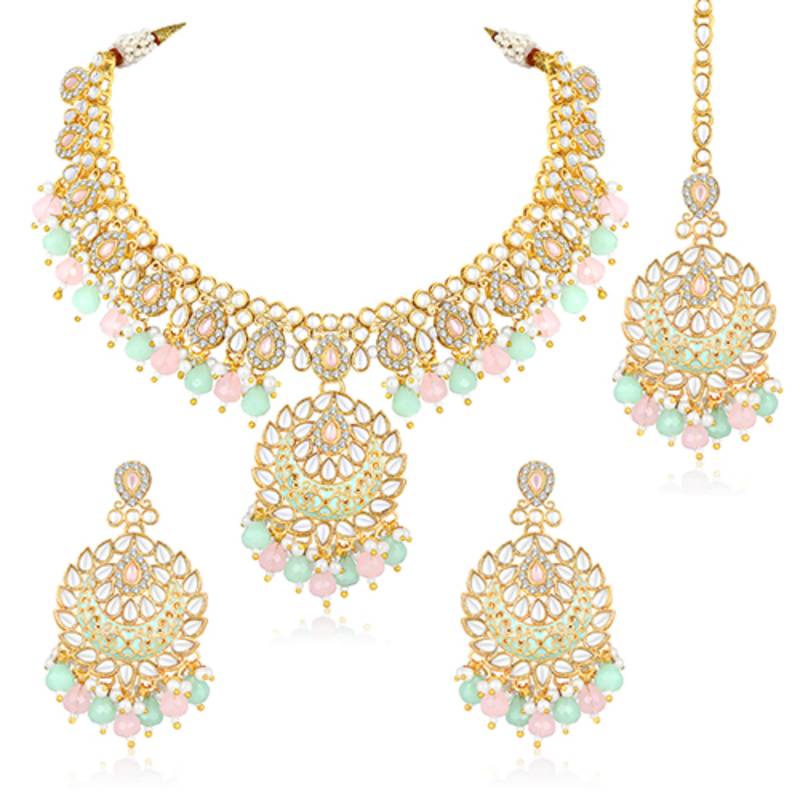 Gold plated mint & pink kundan & beads studded necklace earrings