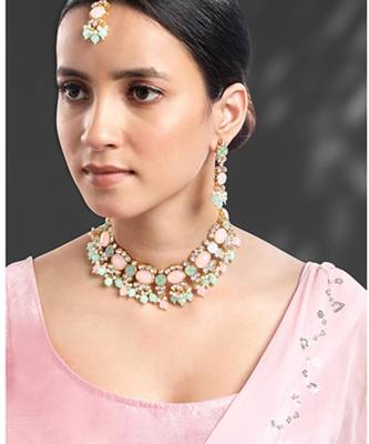 Gold plated mint & light pink kundan beads and synthetic stone 1