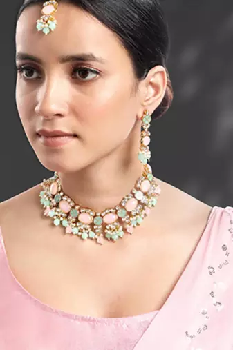 Gold plated mint & light pink kundan beads and synthetic stone