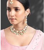 Gold plated mint & light pink kundan beads and synthetic stone