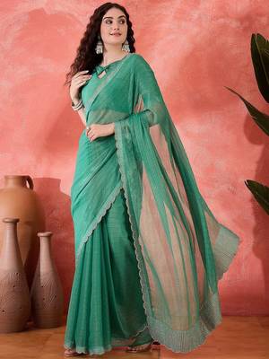 Sea green embellished banarasi saree with blouse piece 2