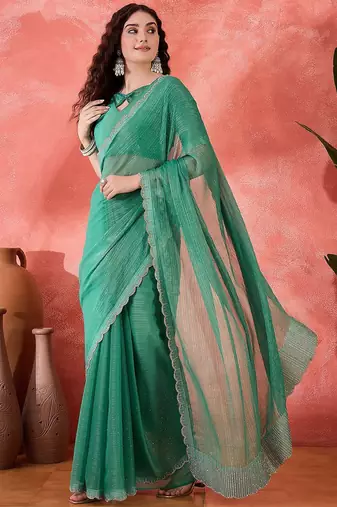 Sea green embellished banarasi saree with blouse piece