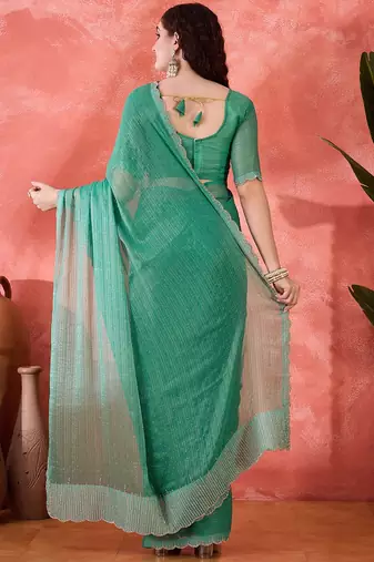 Sea green embellished banarasi saree with blouse piece