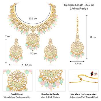 Gold plated mint & pink kundan & beads studded necklace earrings 4