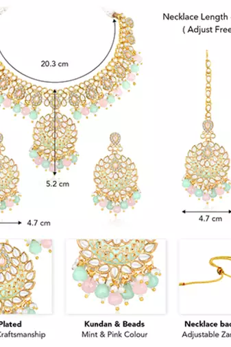 Gold plated mint & pink kundan & beads studded necklace earrings