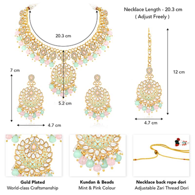 Gold plated mint & pink kundan & beads studded necklace earrings