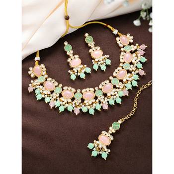 Gold plated mint & light pink kundan beads and synthetic stone 2