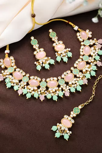 Gold plated mint & light pink kundan beads and synthetic stone